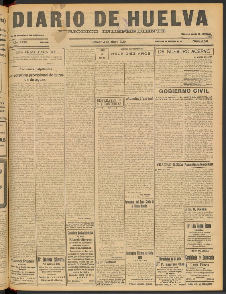 Miniatura de Diario de Huelva : periódico independiente del 3 de mayo de 1930
