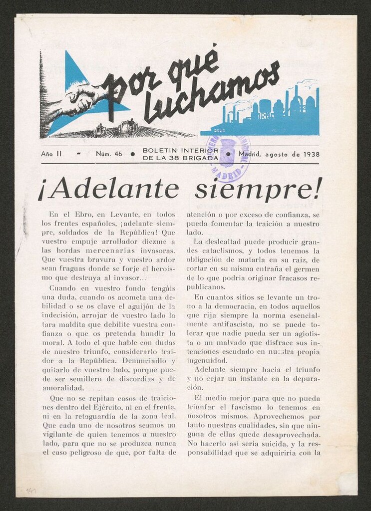 Miniatura de Por qué luchamos : boletín interior de la Brigada 38 de agosto de 1938