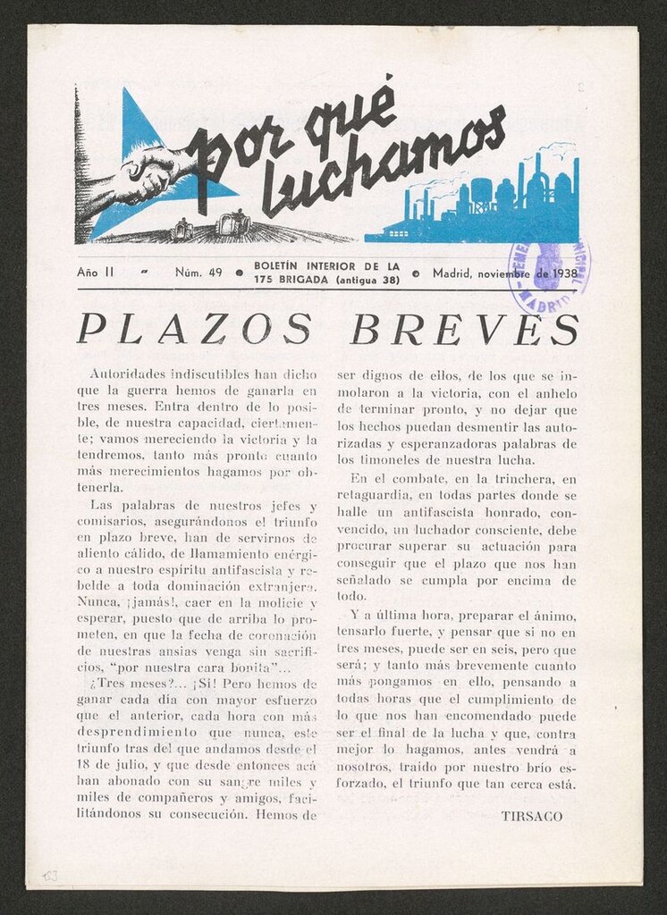 Miniatura de Por qué luchamos : boletín interior de la Brigada 38 de noviembre de 1938