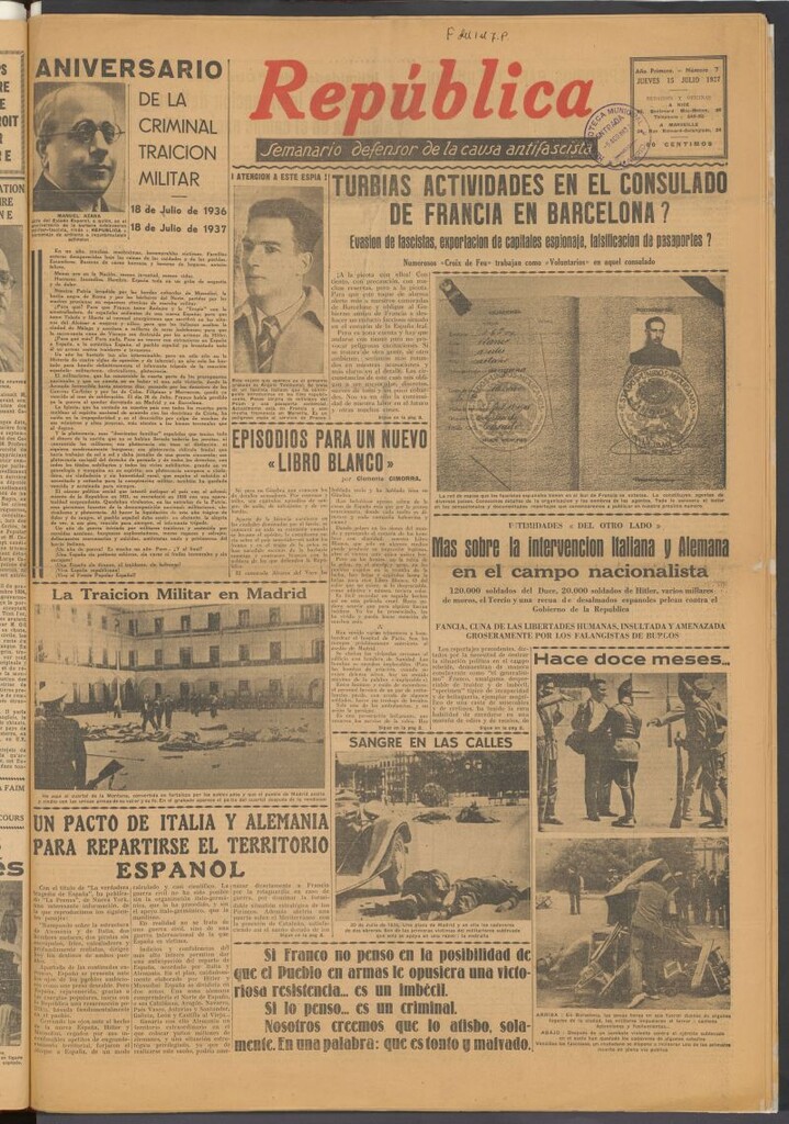 Miniatura de República : semanario defensor de la causa antifascista del 15 de julio de 1937
