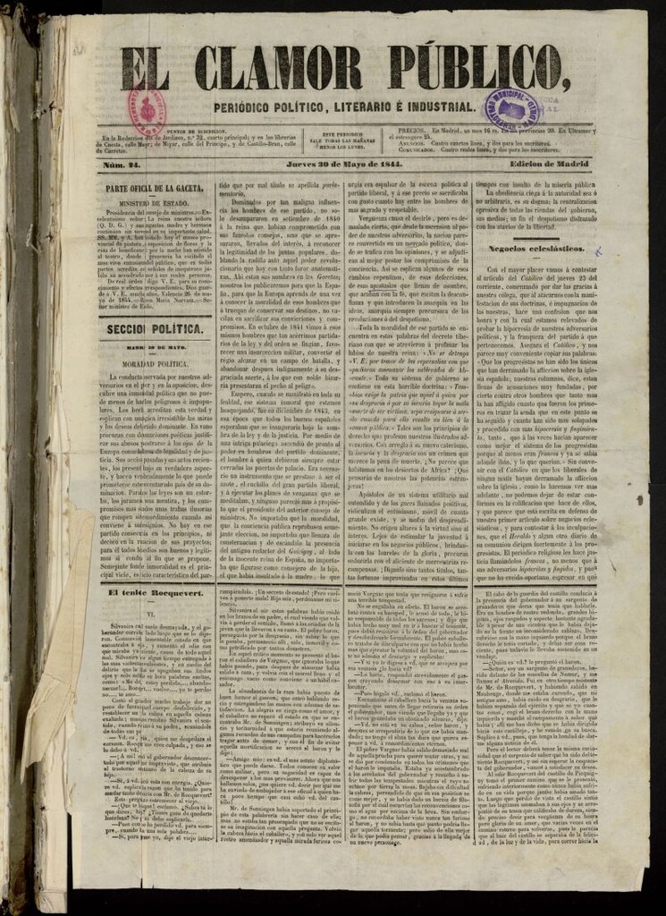 Miniatura de El Clamor Público: periódico político, literario e industrial del 30 de mayo de 1844, nº 24