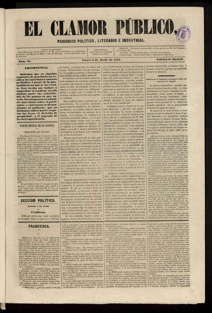 Miniatura de El Clamor Público: periódico político, literario e industrial del 3 de junio de 1844, nº 28