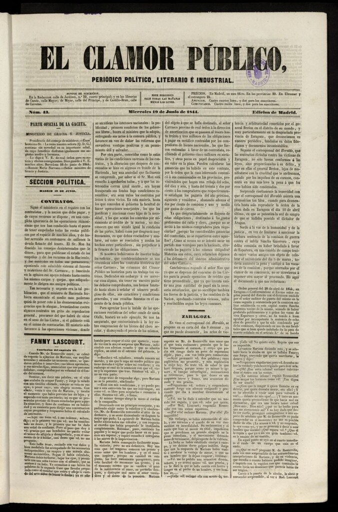 Miniatura de El Clamor Público: periódico político, literario e industrial del 19 de junio de 1844, nº 43