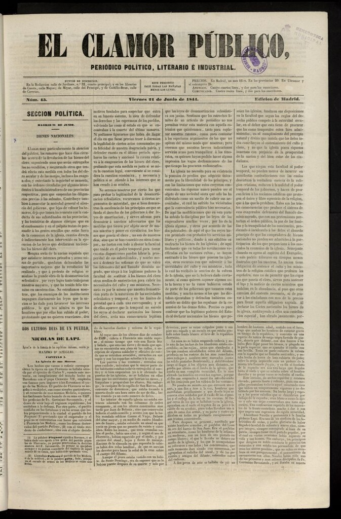 Miniatura de El Clamor Público: periódico político, literario e industrial del 21 de junio de 1844, nº 45