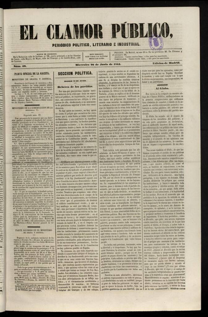 Miniatura de El Clamor Público: periódico político, literario e industrial del 26 de junio de 1844, nº 49