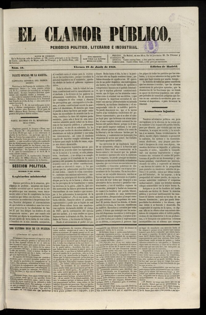 Miniatura de El Clamor Público: periódico político, literario e industrial del 28 de junio de 1844, nº 51
