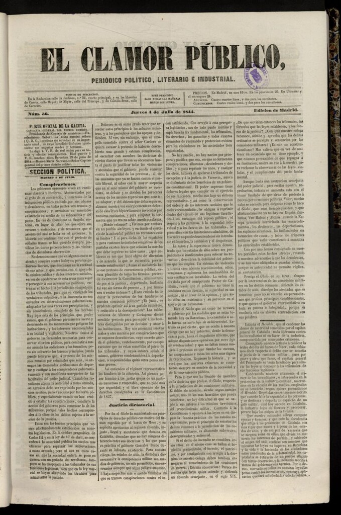 Miniatura de El Clamor Público: periódico político, literario e industrial del 4 de julio de 1844, nº 56