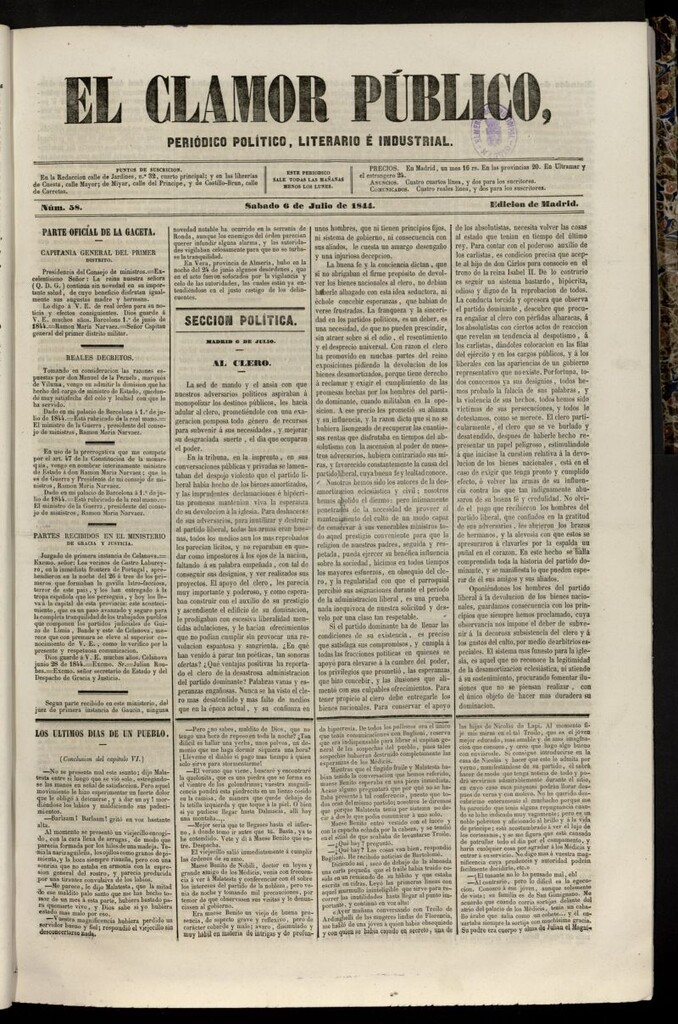 Miniatura de El Clamor Público: periódico político, literario e industrial del 6 de julio de 1844, nº 58
