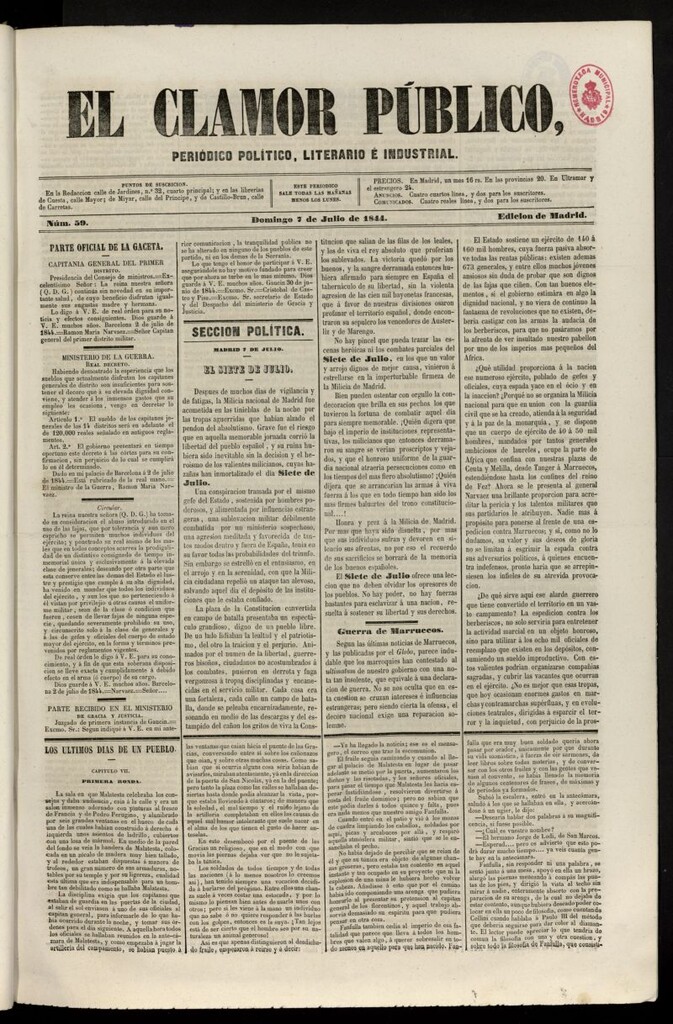 Miniatura de El Clamor Público: periódico político, literario e industrial del 7 de julio de 1844, nº 59