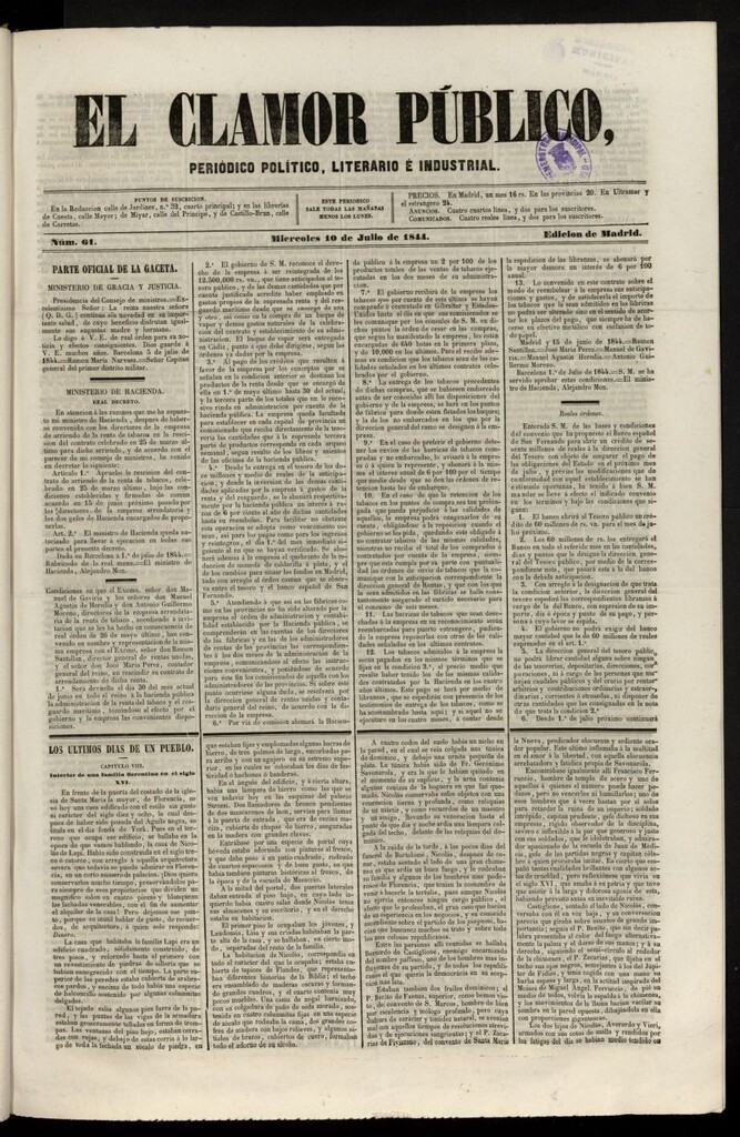 Miniatura de El Clamor Público: periódico político, literario e industrial del 10 de julio de 1844, nº 61
