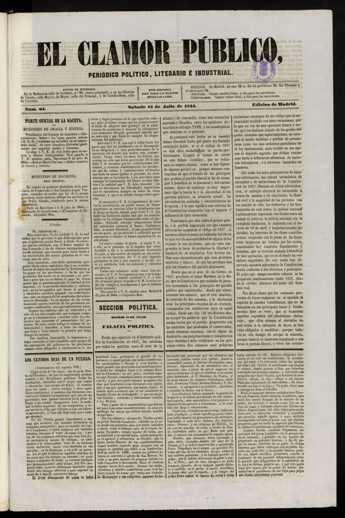 Miniatura de El Clamor Público: periódico político, literario e industrial del 13 de julio de 1844, nº 64