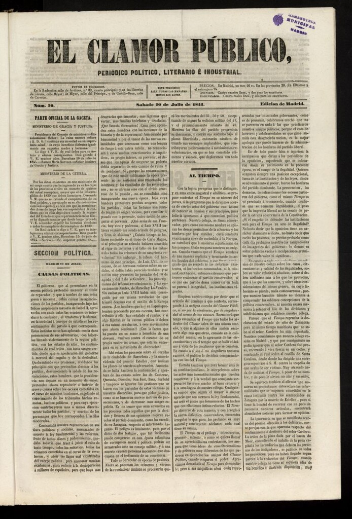 Miniatura de El Clamor Público: periódico político, literario e industrial del 20 de julio de 1844, nº 70
