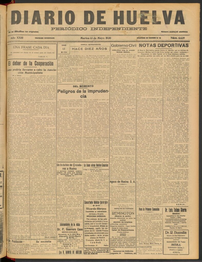 Miniatura de Diario de Huelva : periódico independiente del 13 de mayo de 1930