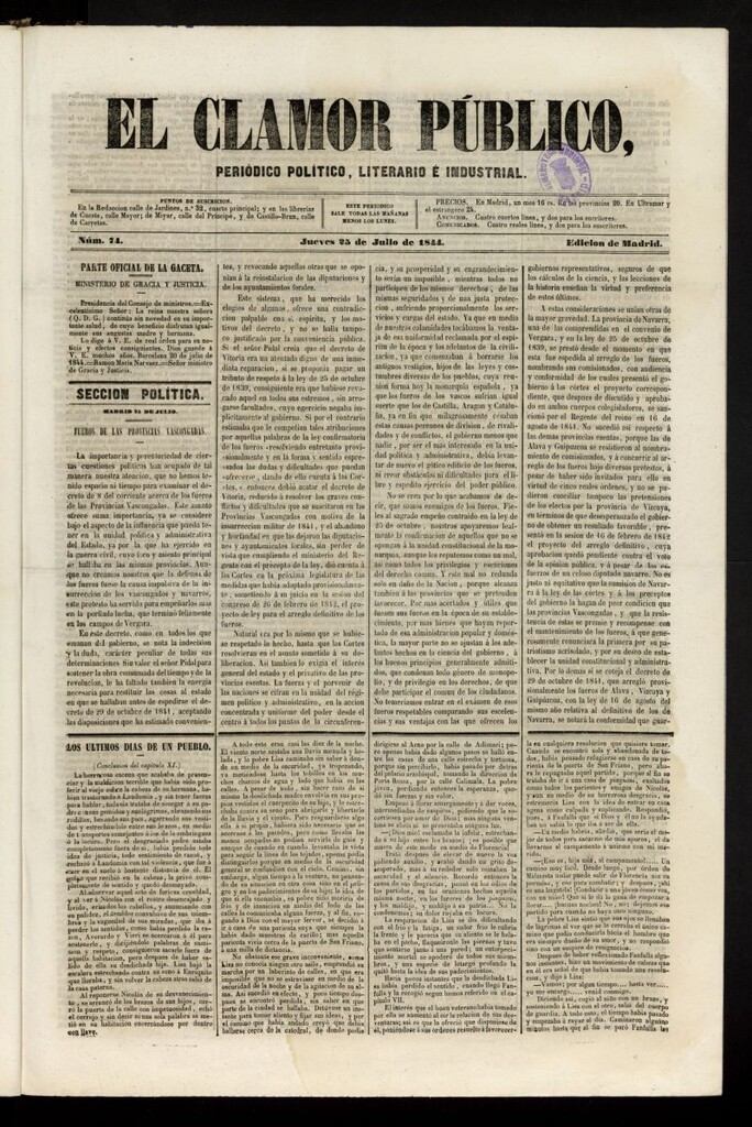 Miniatura de El Clamor Público: periódico político, literario e industrial del 25 de julio de 1844, nº 74