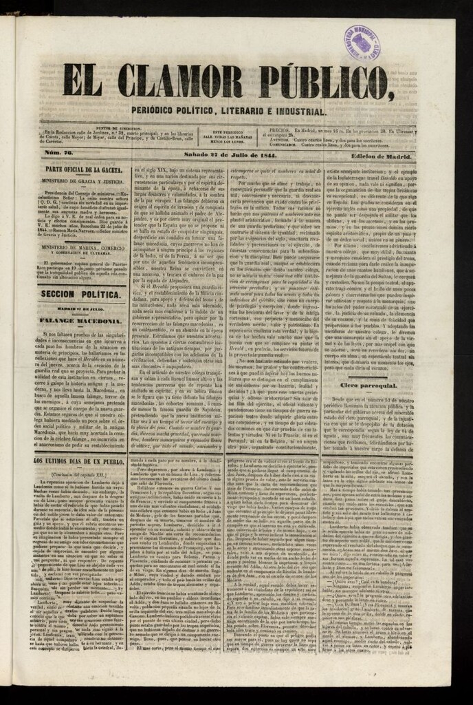 Miniatura de El Clamor Público: periódico político, literario e industrial del 27 de julio de 1844, nº 76