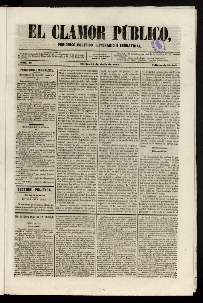 Miniatura de El Clamor Público: periódico político, literario e industrial del 30 de julio de 1844, nº 78