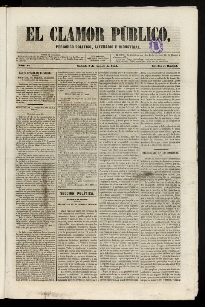 Miniatura de El Clamor Público: periódico político, literario e industrial del 3 de agosto de 1844, nº 82