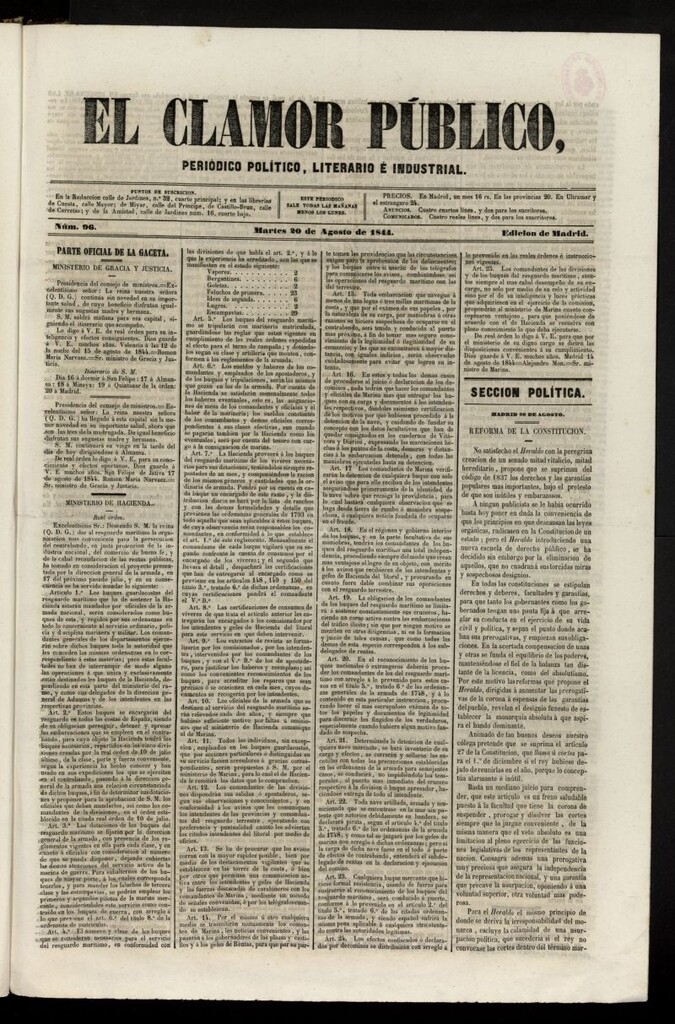 Miniatura de El Clamor Público: periódico político, literario e industrial del 20 de agosto de 1844, nº 96