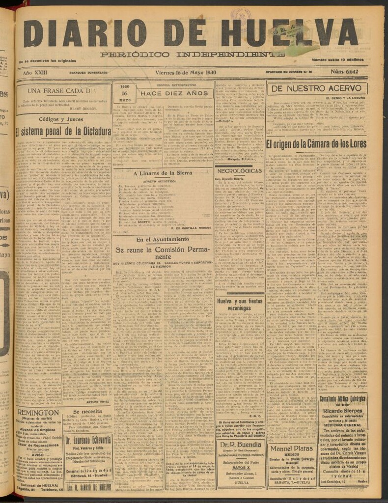 Miniatura de Diario de Huelva : periódico independiente del 16 de mayo de 1930