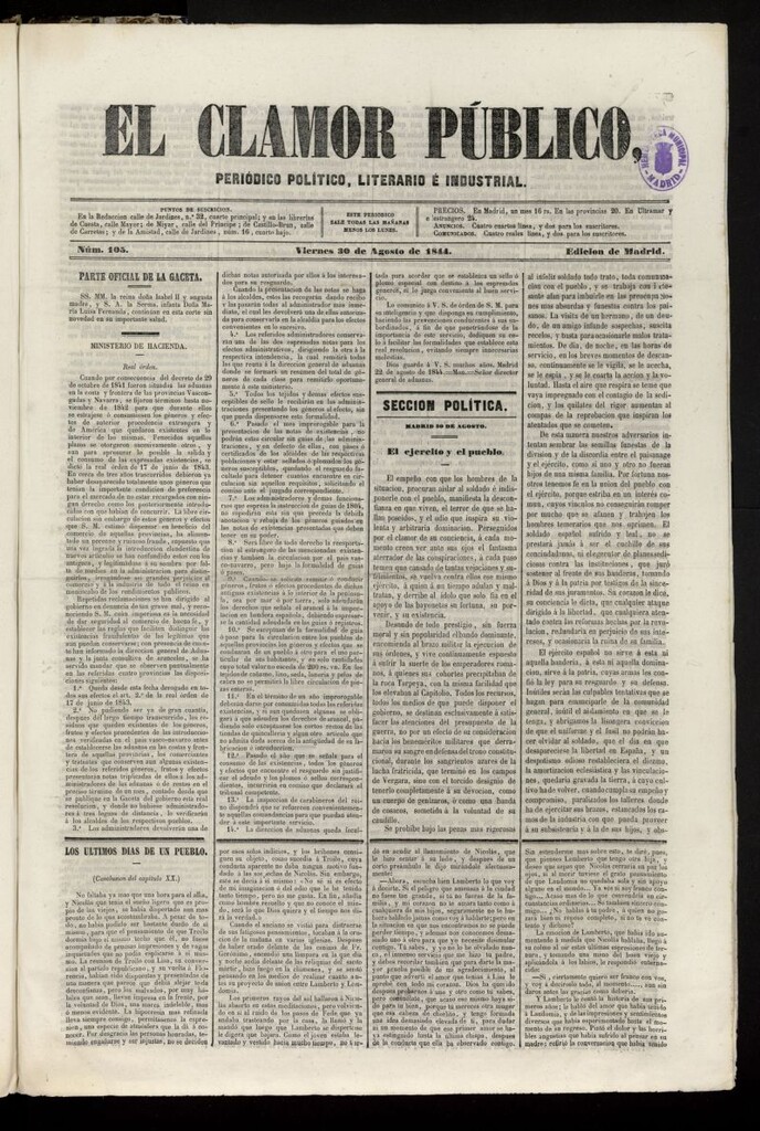 Miniatura de El Clamor Público: periódico político, literario e industrial del 30 de agosto de 1844, nº 105