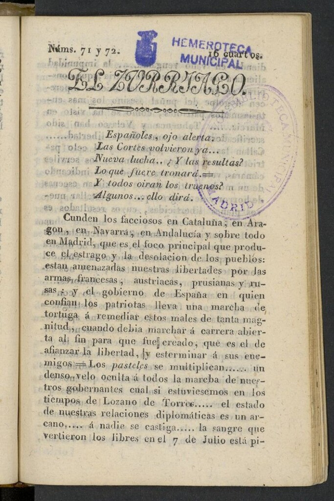 Miniatura de El Zurriago. Madrid de 1822, nº 71 y 72
