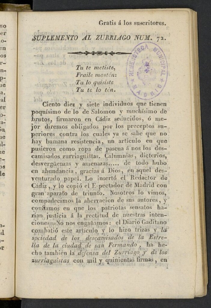 Miniatura de El Zurriago. Madrid de 1822, suplemento al nº 72