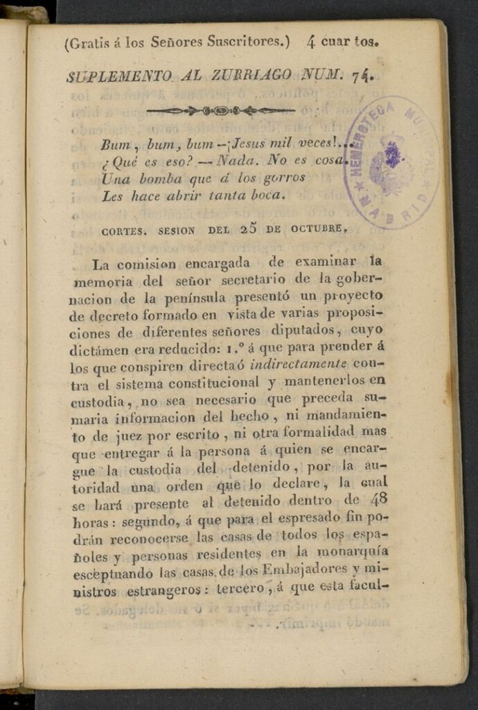 Miniatura de El Zurriago. Madrid de 1822, suplemento al nº 74