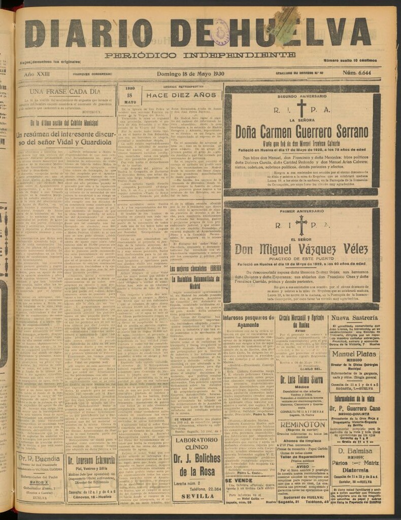 Miniatura de Diario de Huelva : periódico independiente del 18 de mayo de 1930