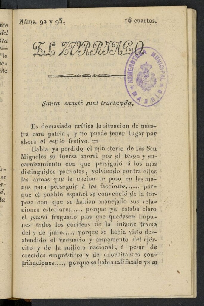 Miniatura de El Zurriago. Madrid de 1823, nº 92 y 93