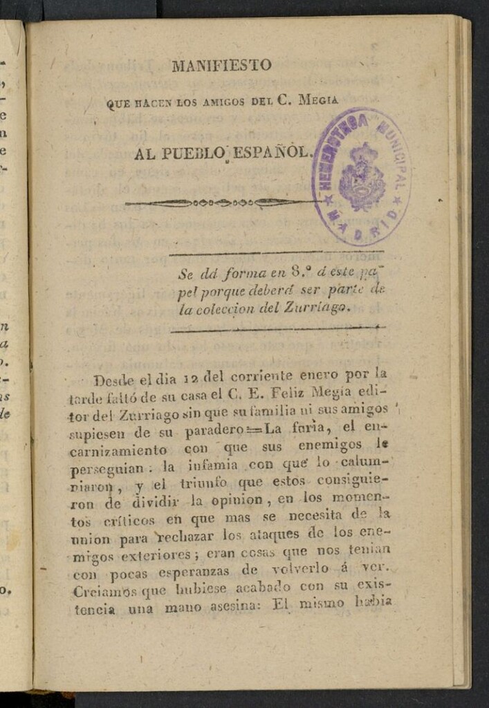 Miniatura de El Zurriago. Madrid de 1823, manifiesto