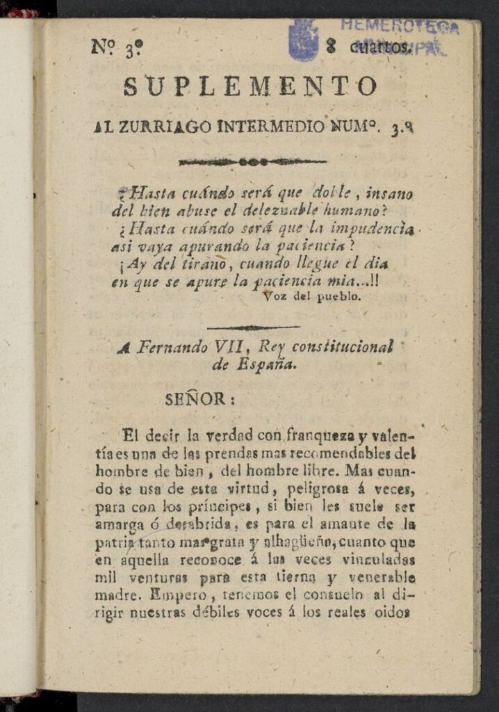Miniatura de El Zurriago Intermedio de 1821-1822, suplemento al nº 3