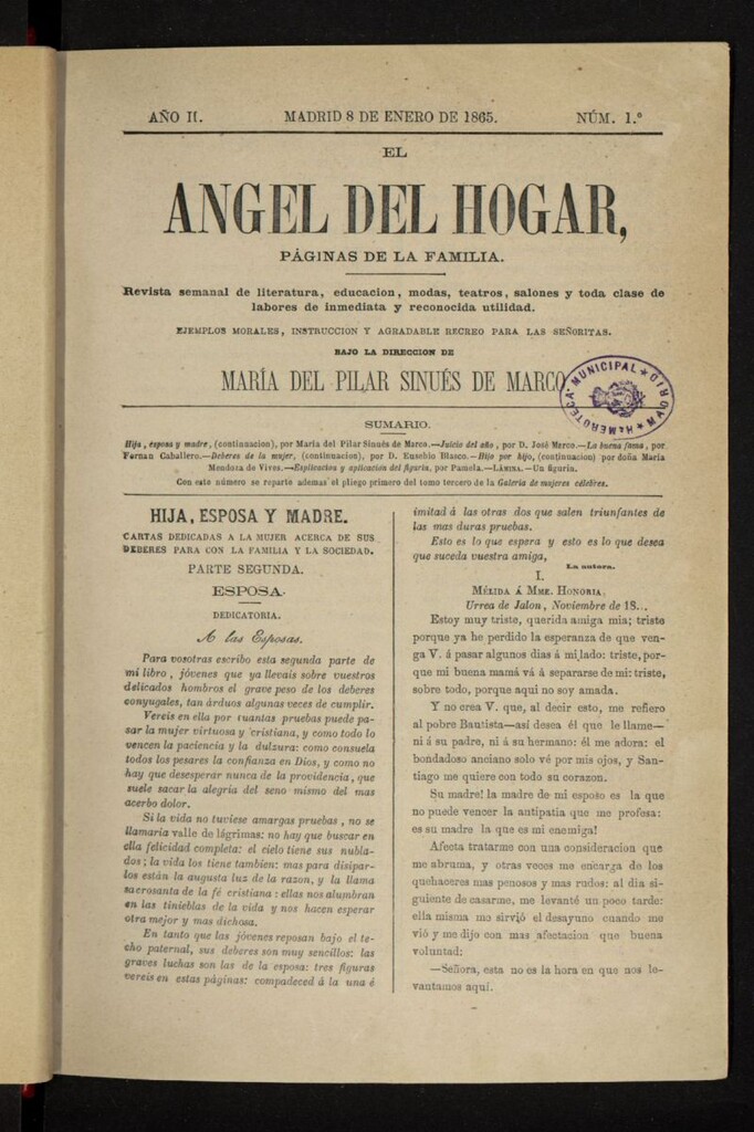 Miniatura de El Angel del Hogar: páginas de familia del 8 de enero de 1865, nº 1