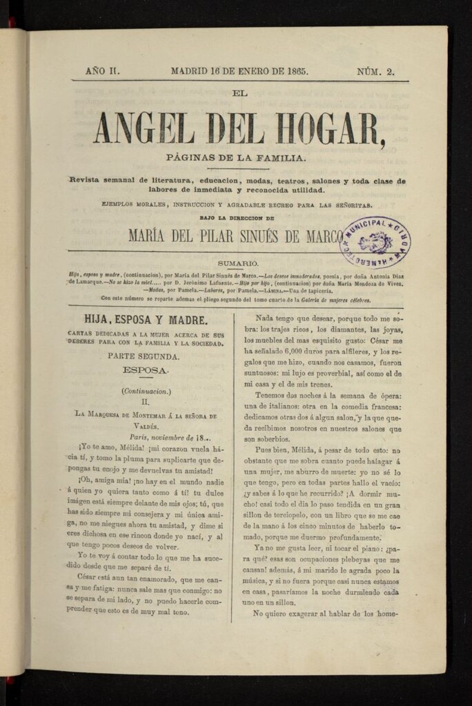 Miniatura de El Angel del Hogar: páginas de familia del 16 de enero de 1865, nº 2