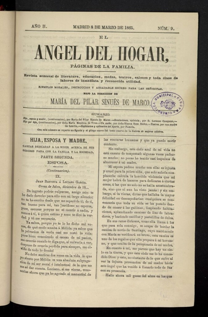 Miniatura de El Angel del Hogar: páginas de familia del 8 de marzo de 1865, nº 9