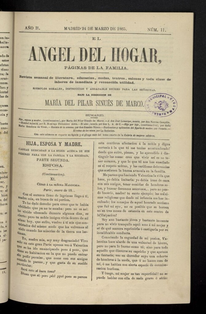 Miniatura de El Angel del Hogar: páginas de familia del 24 de marzo de 1865, nº 11