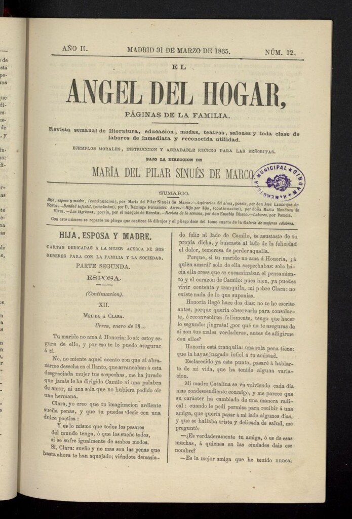 Miniatura de El Angel del Hogar: páginas de familia del 31 de marzo de 1865, nº 12