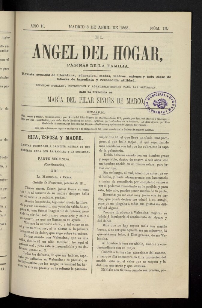 Miniatura de El Angel del Hogar: páginas de familia del 8 de abril de 1865, nº 13