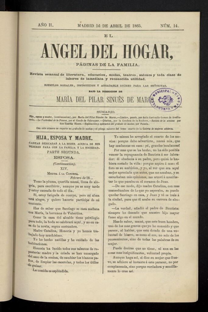 Miniatura de El Angel del Hogar: páginas de familia del 16 de abril de 1865, nº 14