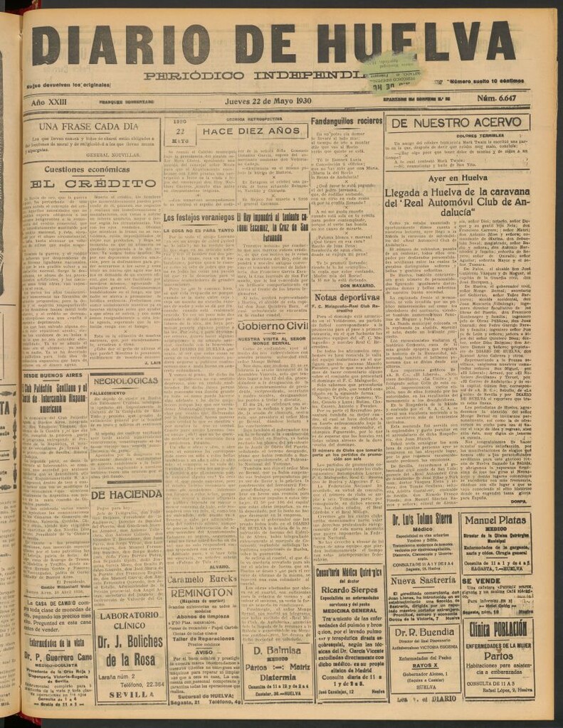 Miniatura de Diario de Huelva : periódico independiente del 22 de mayo de 1930
