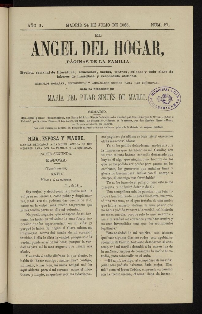 Miniatura de El Angel del Hogar: páginas de familia del 24 de julio de 1865, nº 27