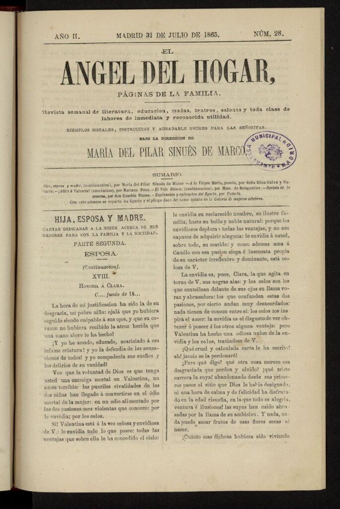 Miniatura de El Angel del Hogar: páginas de familia del 31 de julio de 1865, nº 28
