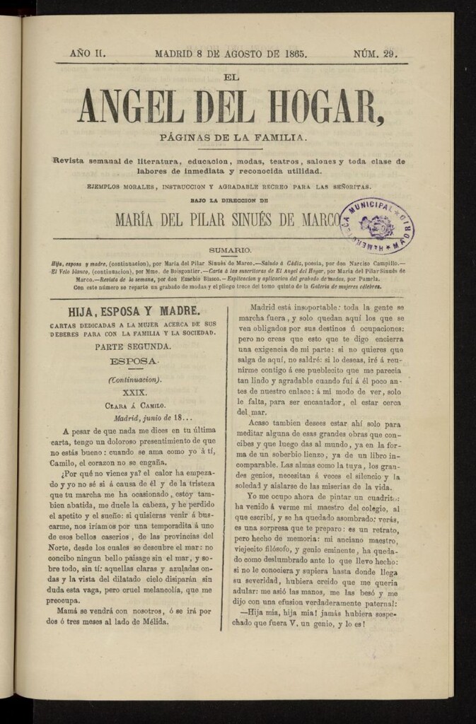 Miniatura de El Angel del Hogar: páginas de familia del 8 de agosto de 1865, nº 29