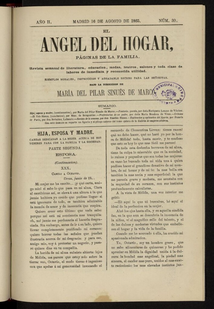 Miniatura de El Angel del Hogar: páginas de familia del 16 de agosto de 1865, nº 30