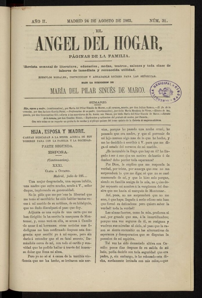 Miniatura de El Angel del Hogar: páginas de familia del 24 de agosto de 1865, nº 31