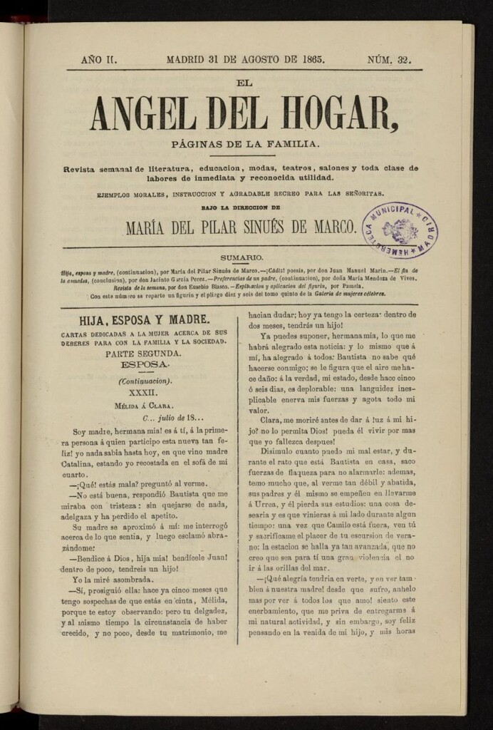 Miniatura de El Angel del Hogar: páginas de familia del 31 de agosto de 1865, nº 32