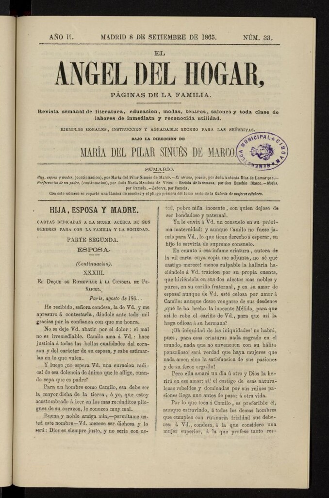 Miniatura de El Angel del Hogar: páginas de familia del 8 de septiembre de 1865, nº 33