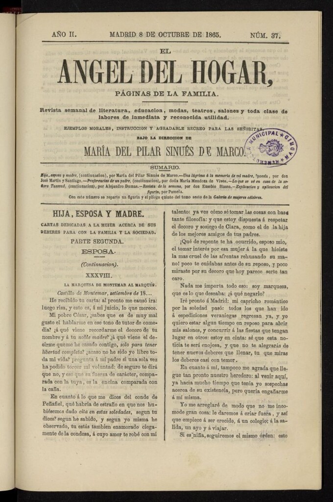 Miniatura de El Angel del Hogar: páginas de familia del 8 de octubre de 1865, nº 37