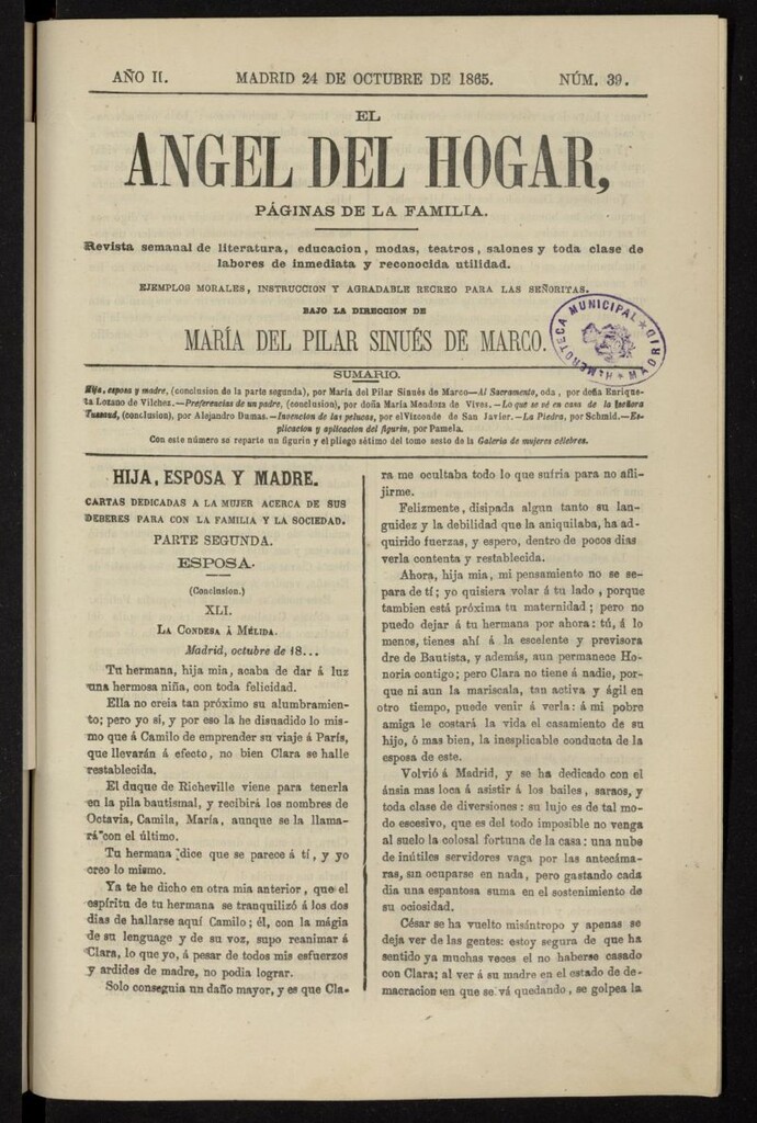 Miniatura de El Angel del Hogar: páginas de familia del 24 de octubre de 1865, nº 39