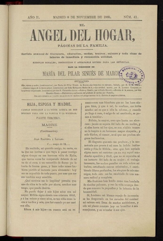 Miniatura de El Angel del Hogar: páginas de familia del 8 de noviembre de 1865, nº 41