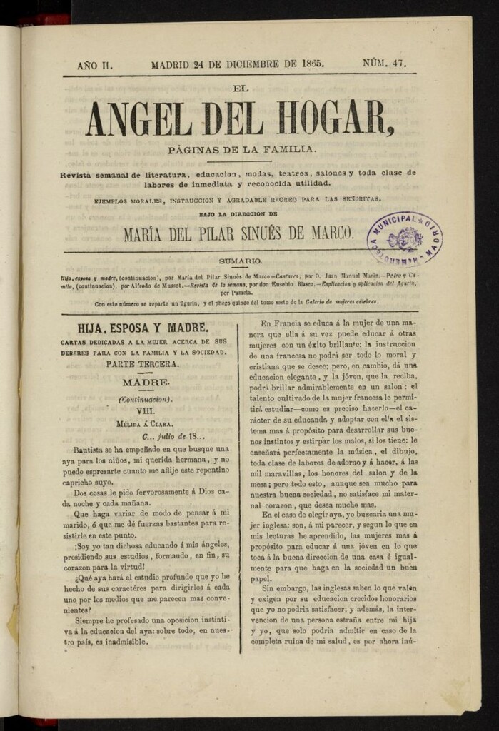 Miniatura de El Angel del Hogar: páginas de familia del 24 de diciembre de 1865, nº 47